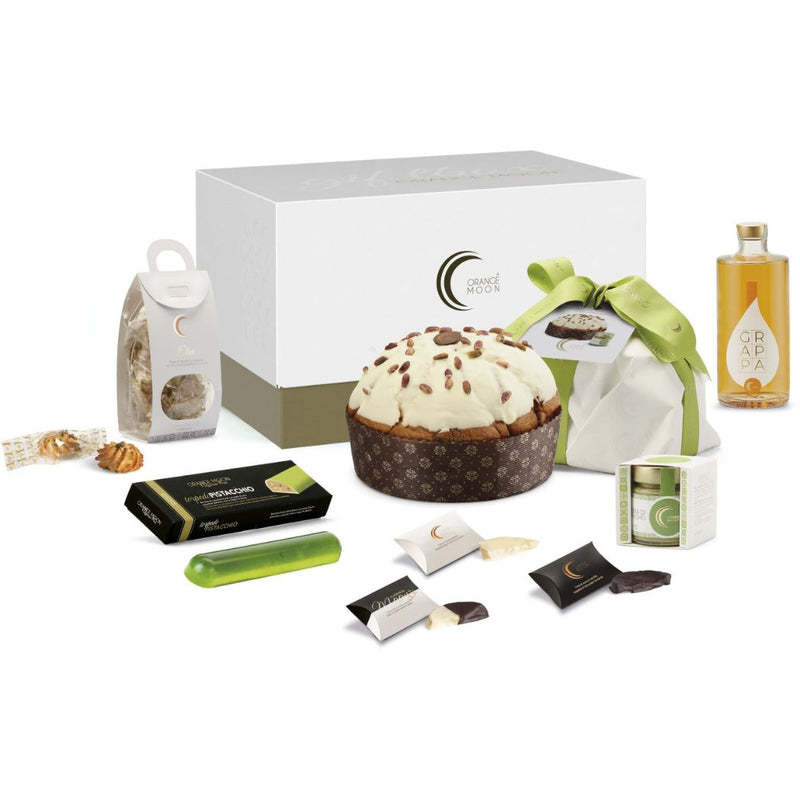 Orange Moon – Confezione regalo Natale “Pistacchio e Cioccolato” con panettone al pistacchio e dolci alle mandorle e al cioccolato, vendita online a prezzi competitivi su www.finetaste.it