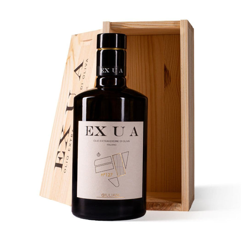 EXUA n. 127 Olio Extravergine di Oliva di qualità superiore foto bottiglia con scatola di legno vendita online su www.finetaste.it