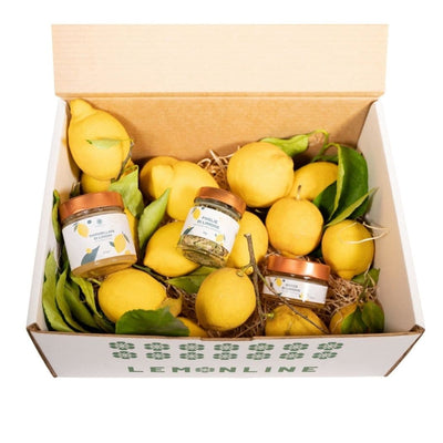 Lemonissima Box, limoni naturali, composta di gocce di limone, marmellata di limoni e foglie di limone, vendita online a prezzi competitivi su www.finetaste.it