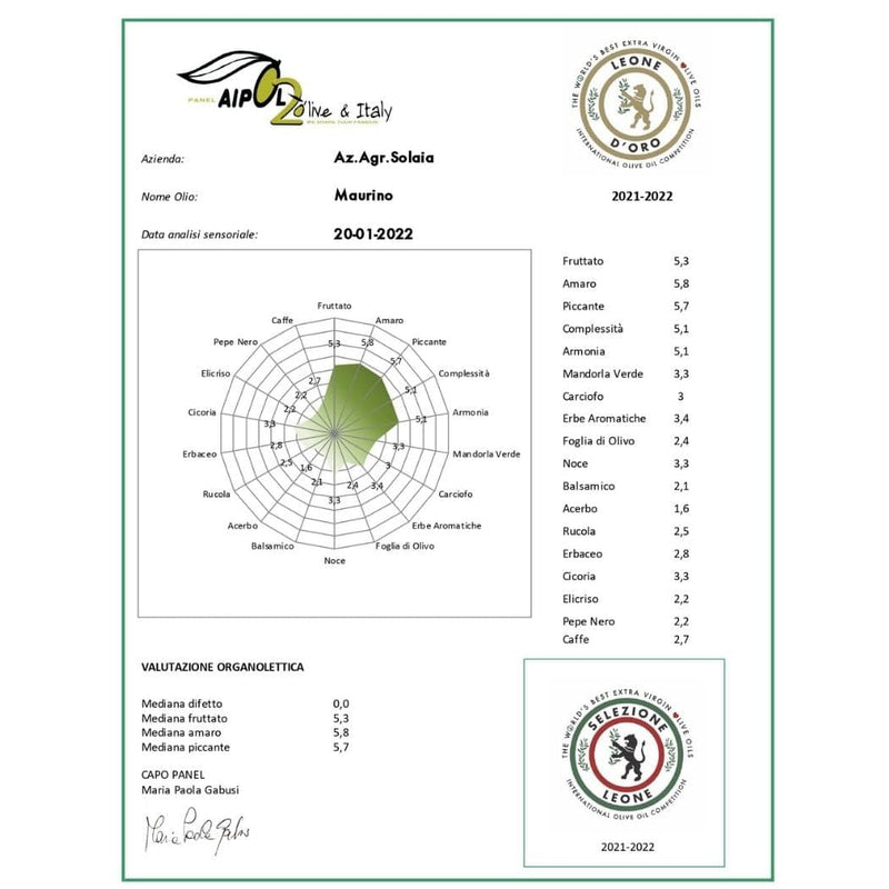 Azienda Agricola Solaia - Monovarietale Maurino, Olio Extravergine di Oliva - Toscana scheda tecnica finalista Leone d&